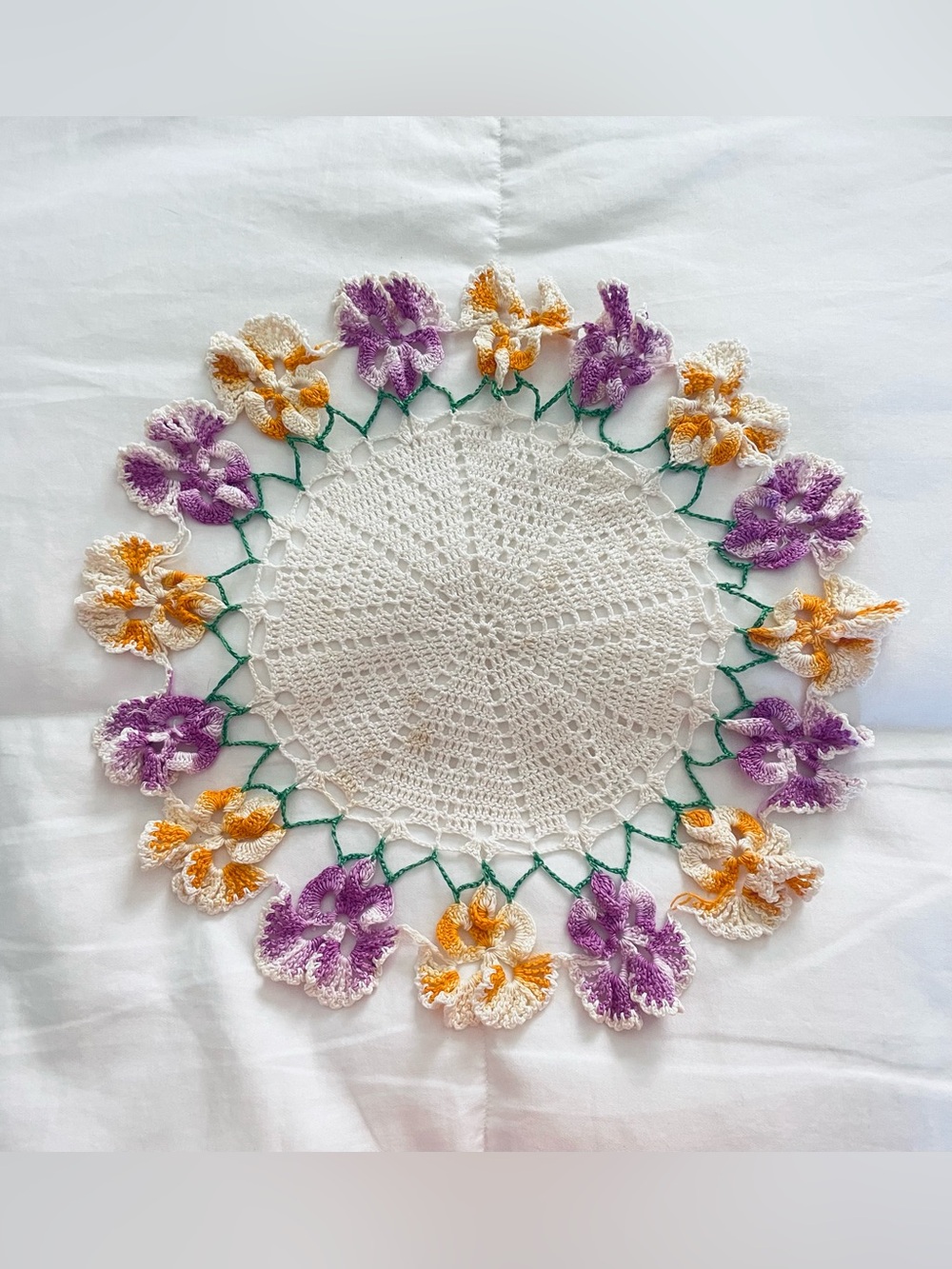 Doily Crocheted w 3D Pansies Purple Yellow Handmade 14”